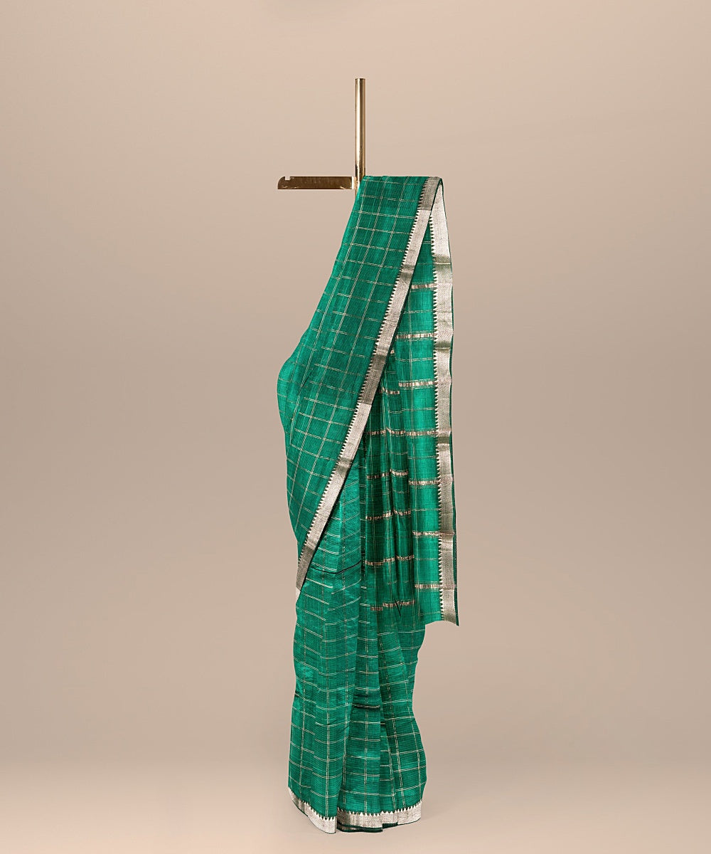 Dark green checked handwoven mangalagiri cotton silk saree