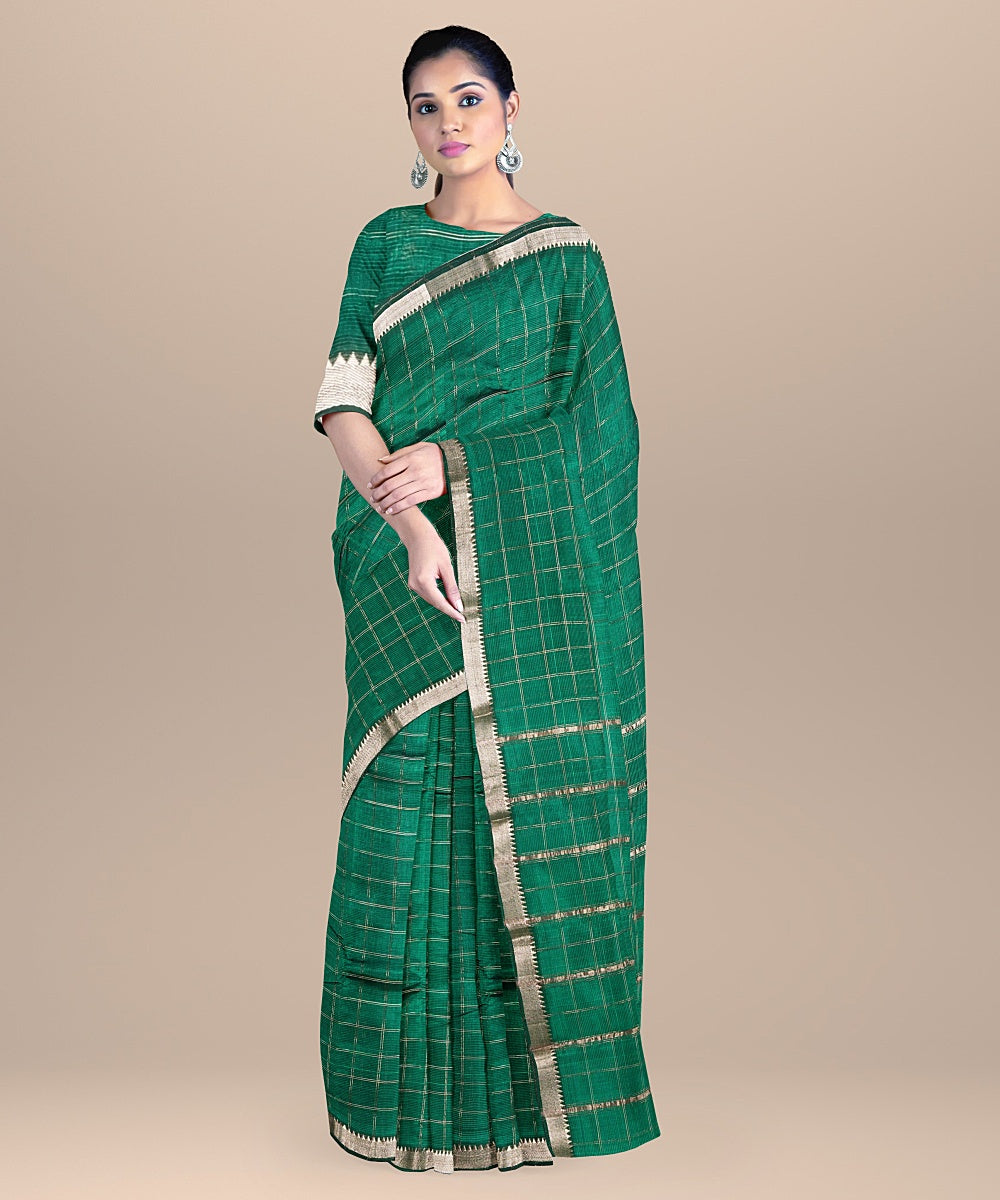 Dark green checked handwoven mangalagiri cotton silk saree