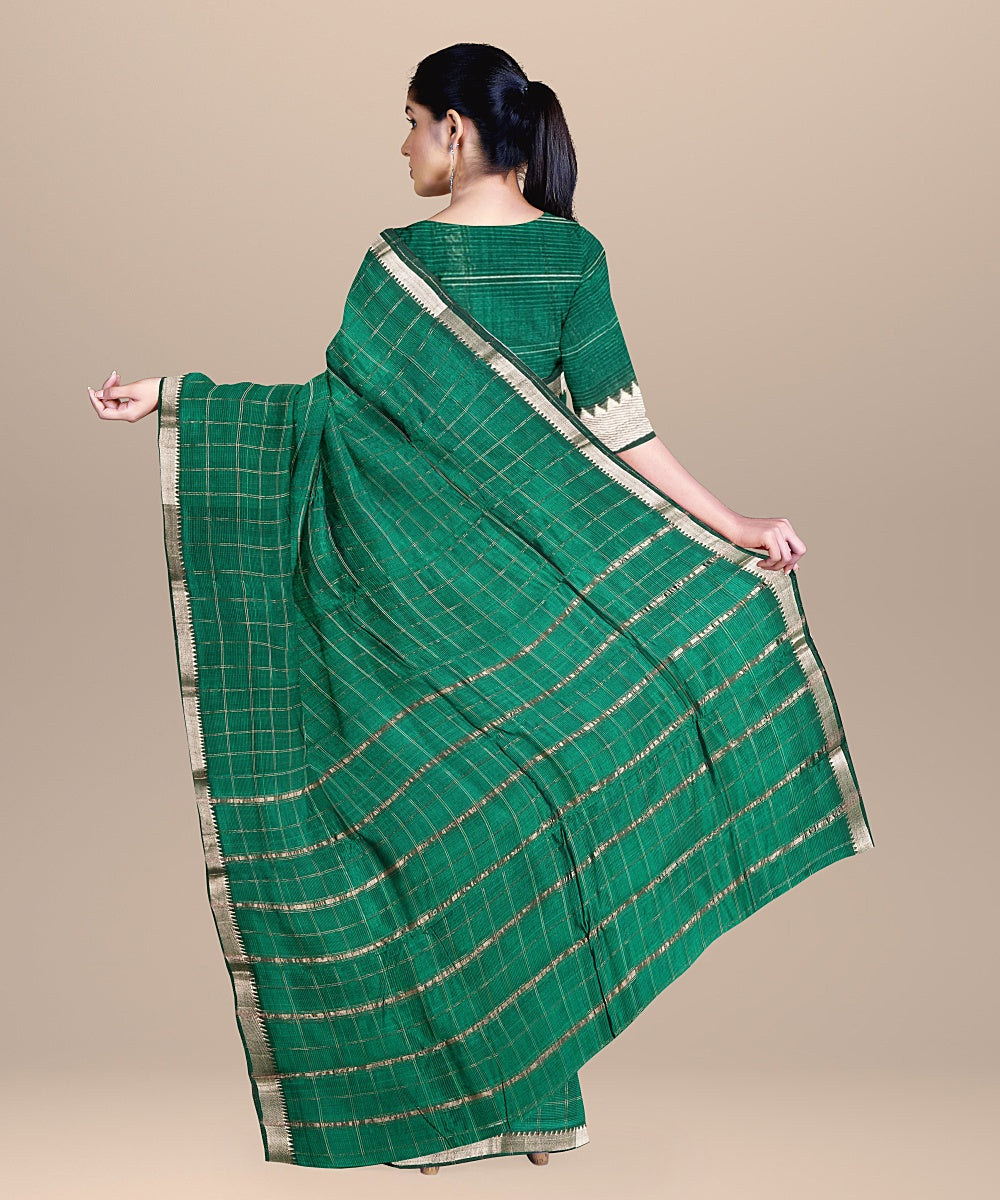 Dark green checked handwoven mangalagiri cotton silk saree