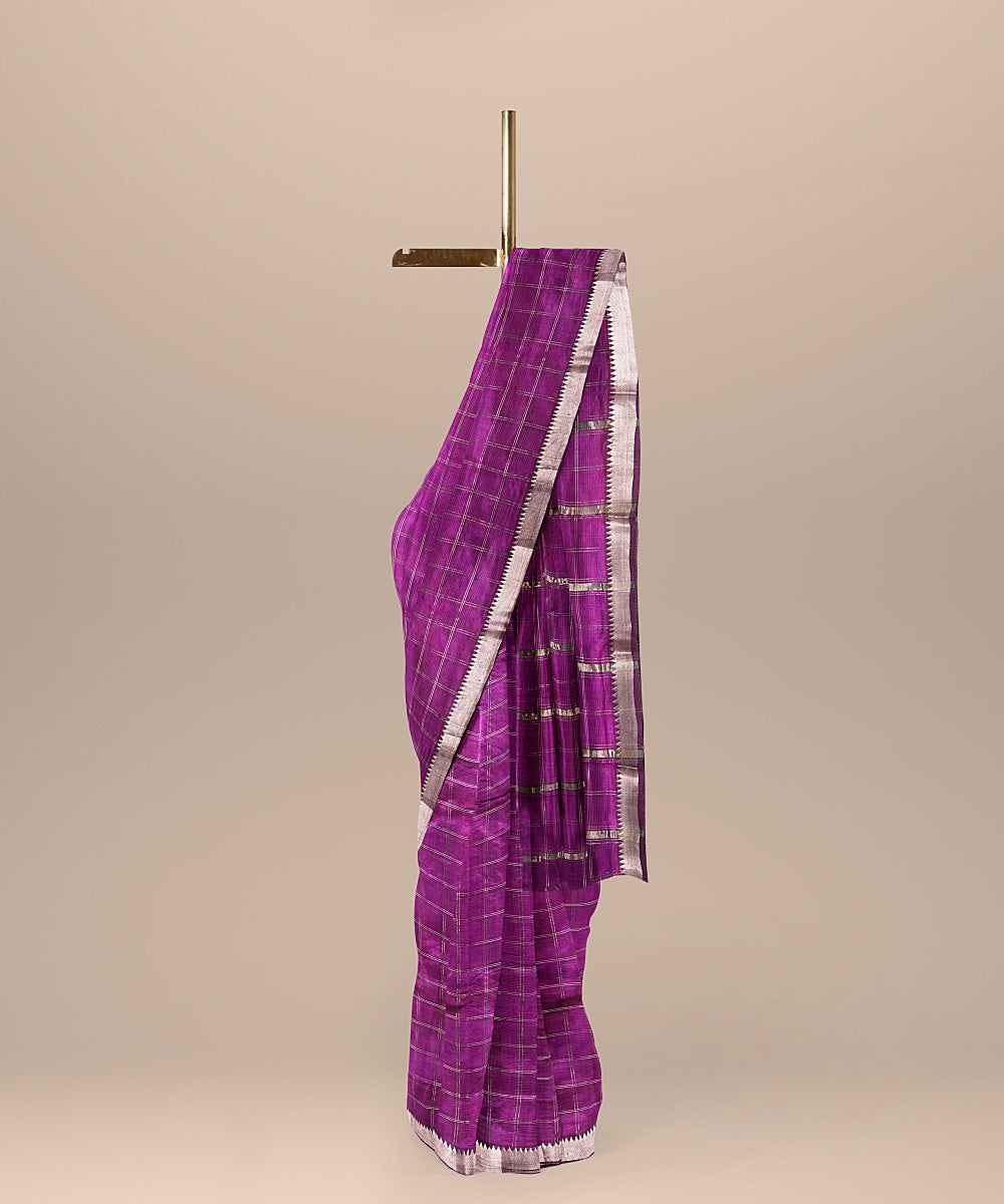 Purple checked handwoven mangalagiri cotton silk saree