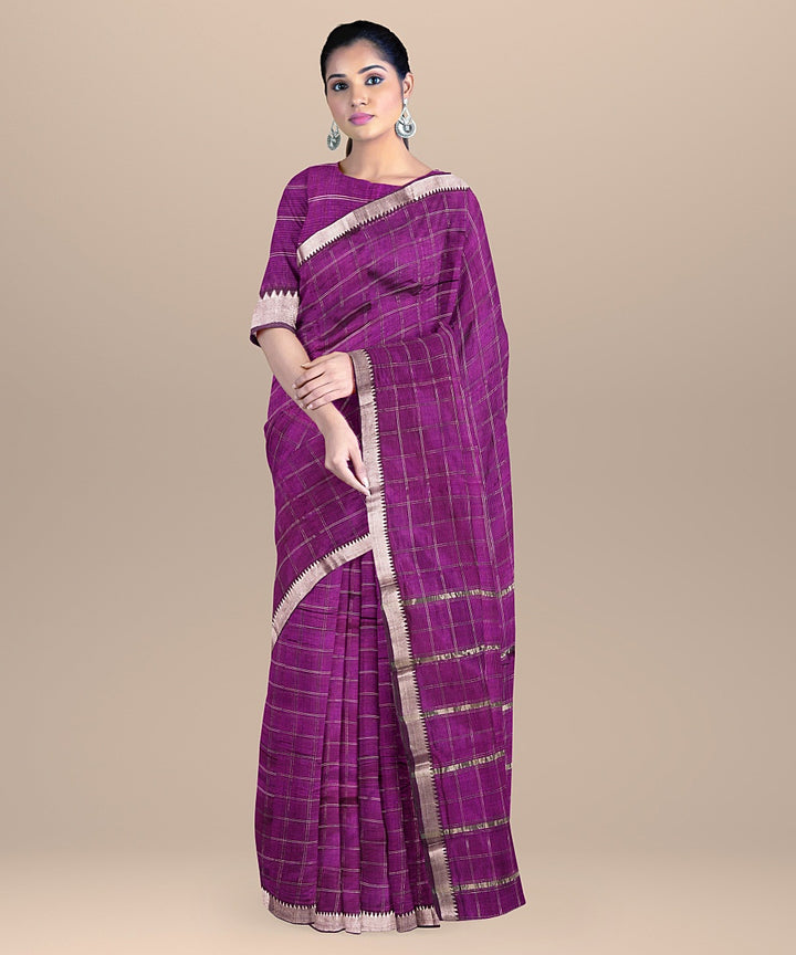 Purple checked handwoven mangalagiri cotton silk saree