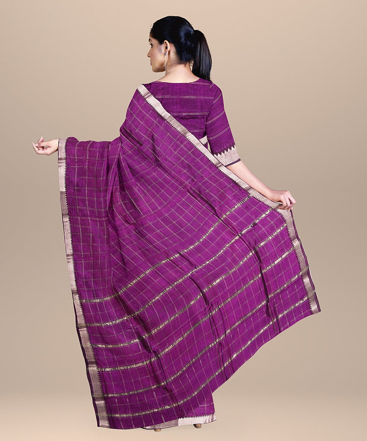 Purple checked handwoven mangalagiri cotton silk saree