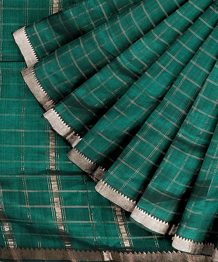 Dark green checked mangalagiri handwoven cotton silk saree