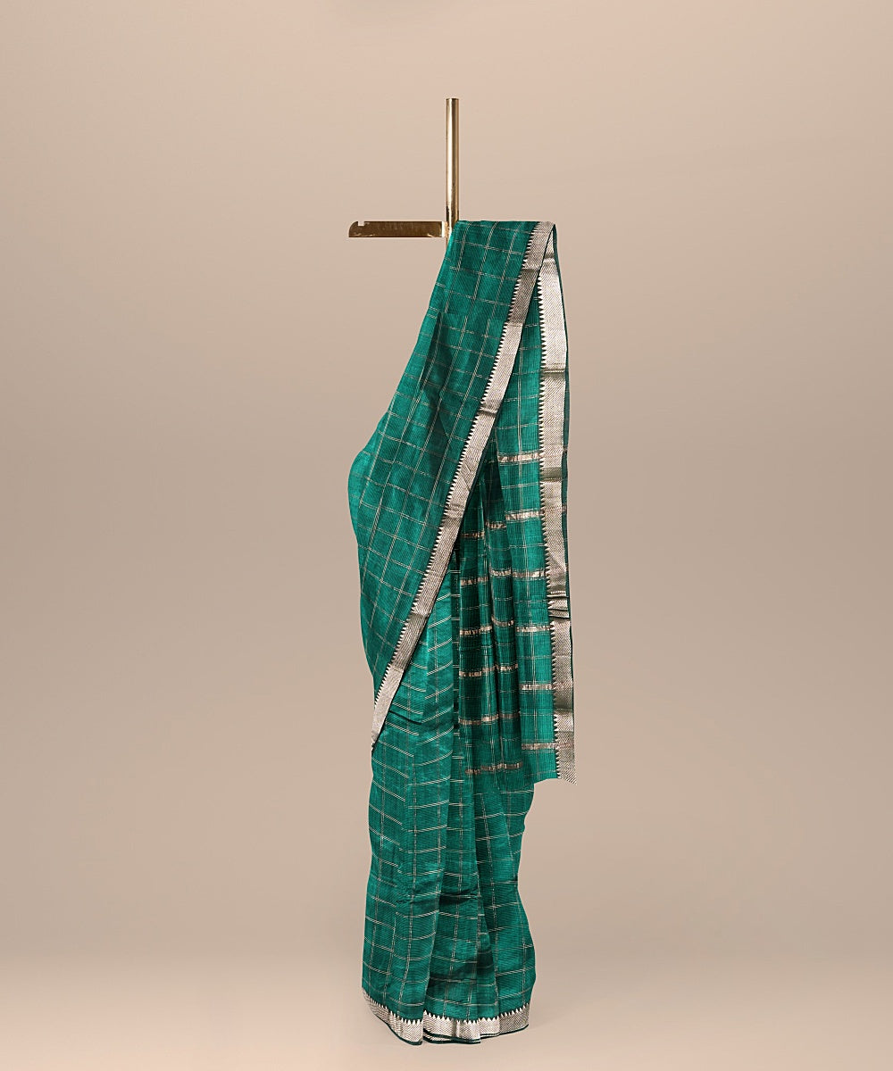 Dark green checked mangalagiri handwoven cotton silk saree