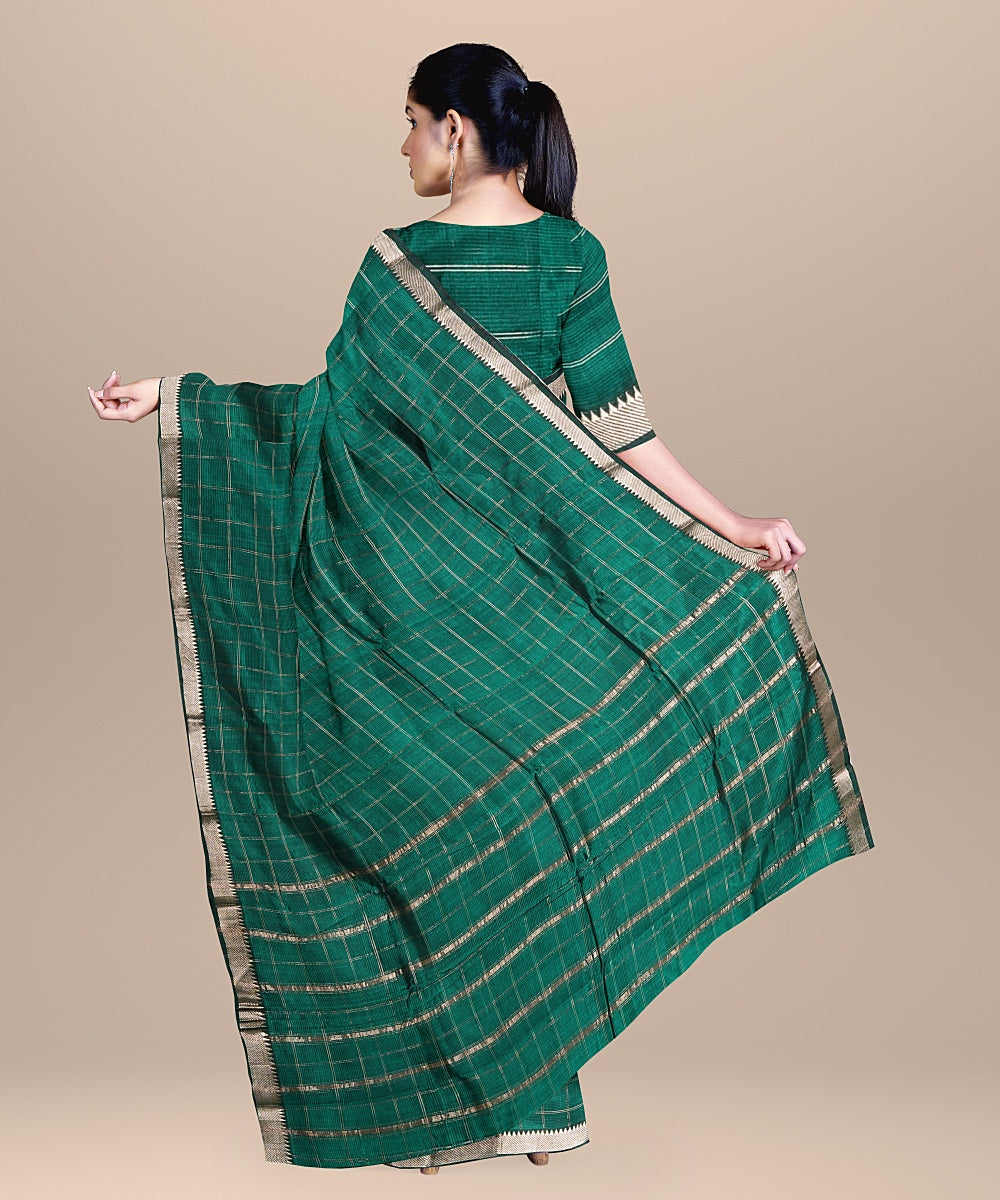 Dark green checked mangalagiri handwoven cotton silk saree