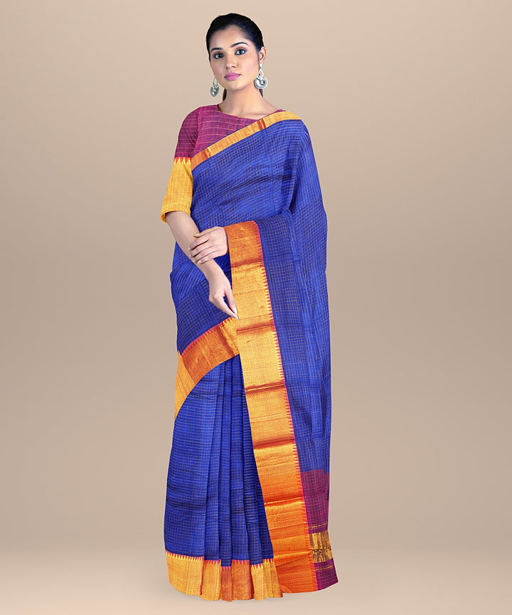 Navy blue maroon handwoven mangalagiri cotton silk saree