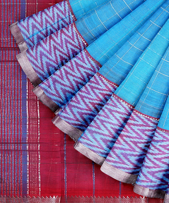 Sky blue red handwoven mangalagiri cotton silk saree