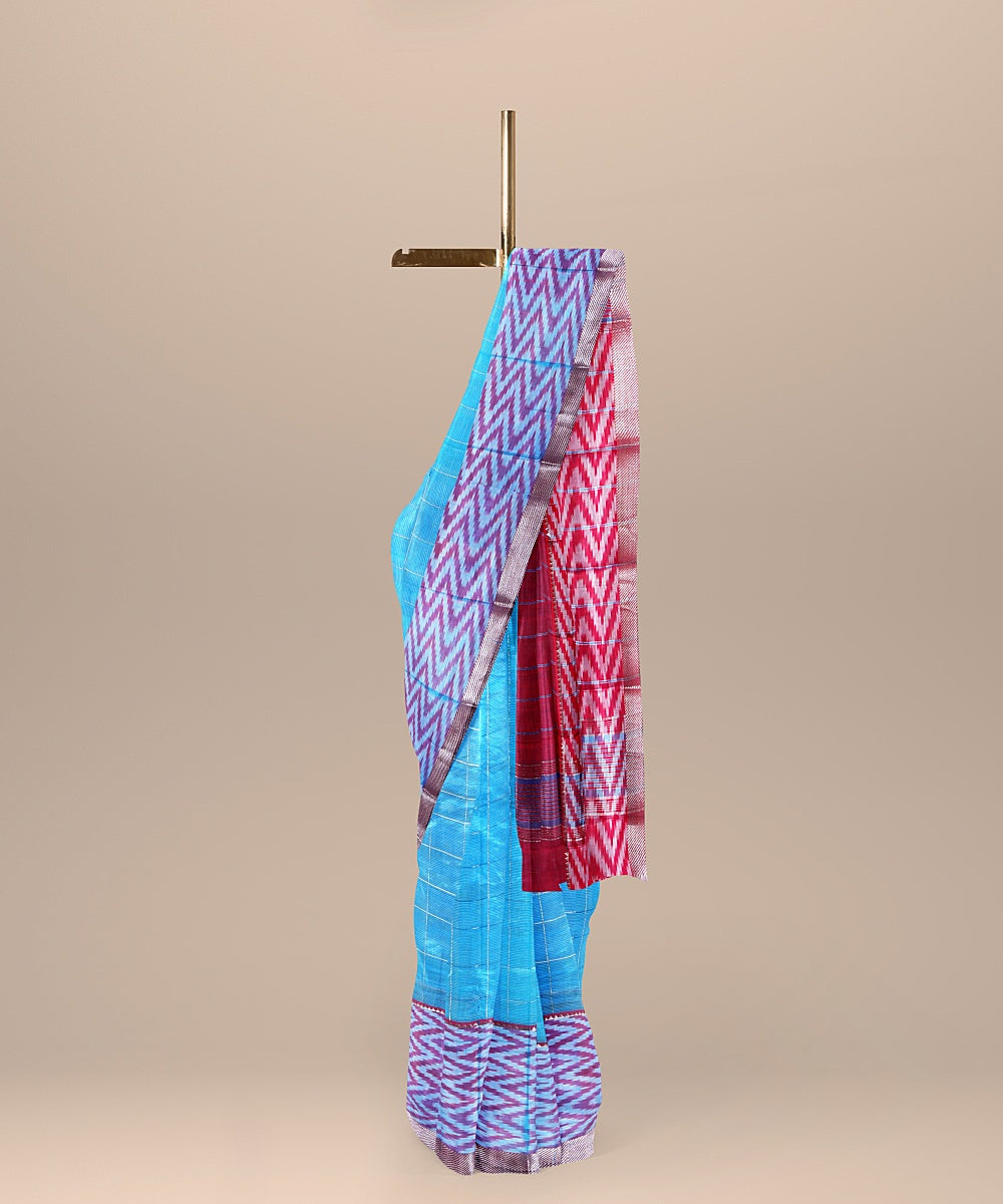 Sky blue red handwoven mangalagiri cotton silk saree