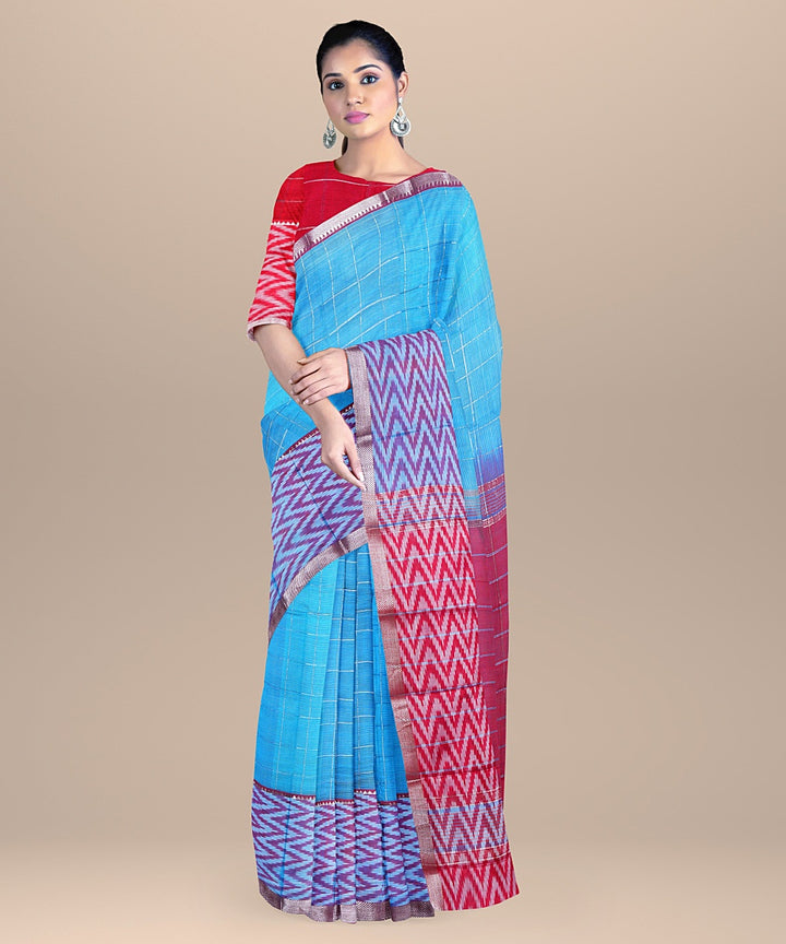 Sky blue red handwoven mangalagiri cotton silk saree