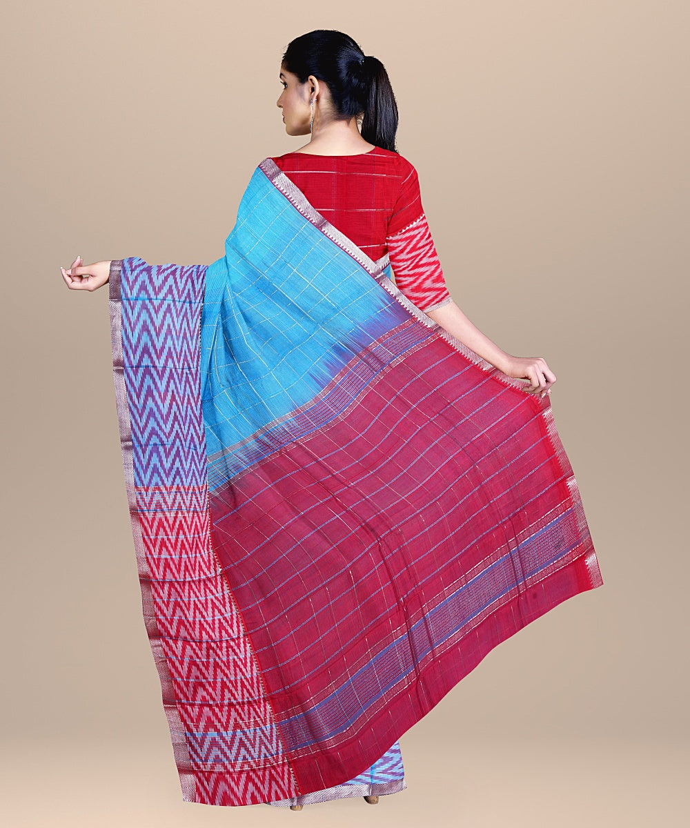 Sky blue red handwoven mangalagiri cotton silk saree