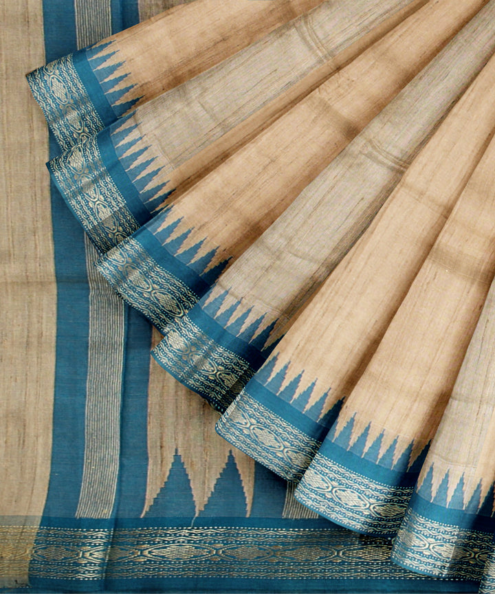 Beige cyan blue chhattisgarh handloom tussar silk saree