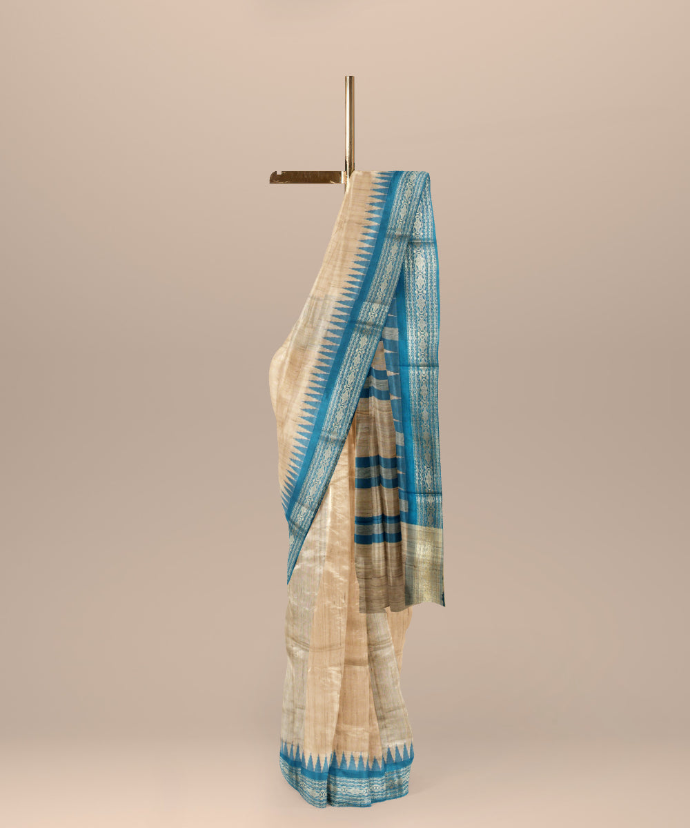 Beige cyan blue chhattisgarh handloom tussar silk saree