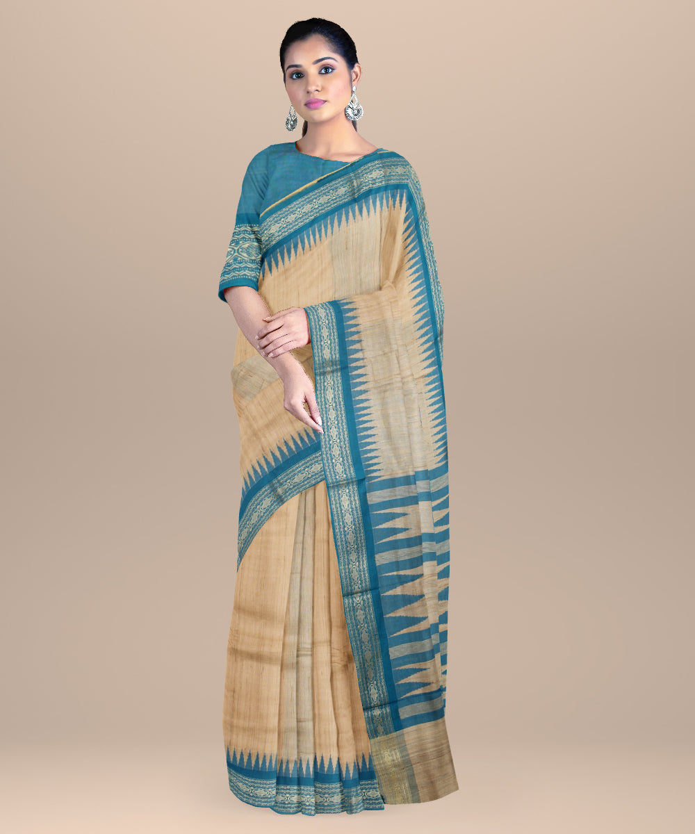 Beige cyan blue chhattisgarh handloom tussar silk saree