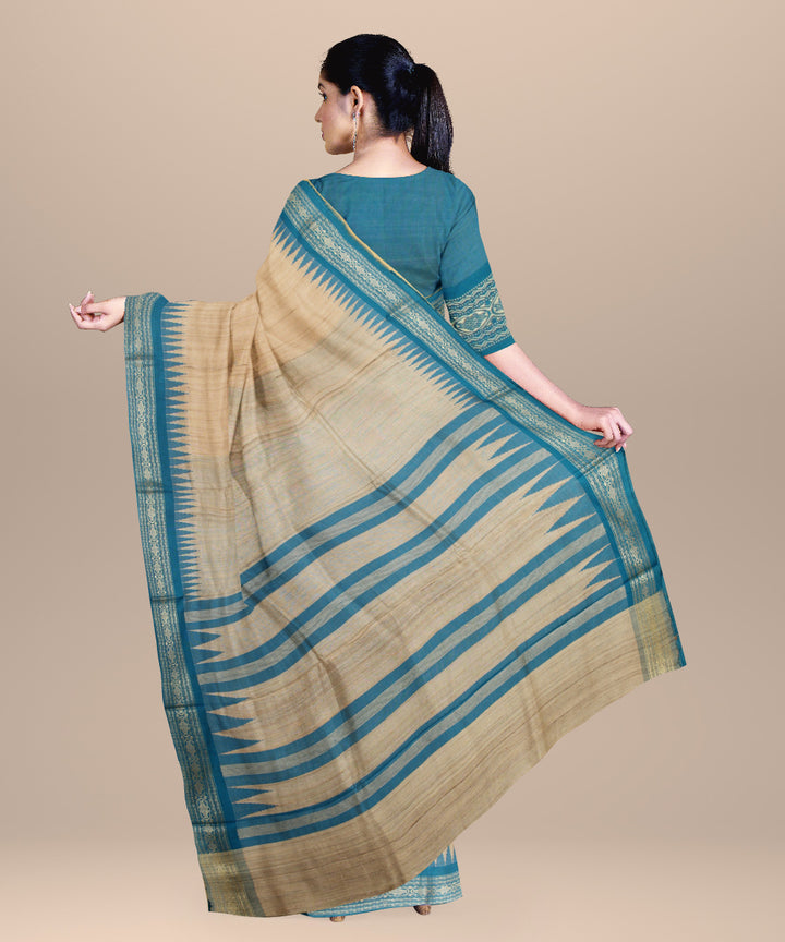 Beige cyan blue chhattisgarh handloom tussar silk saree