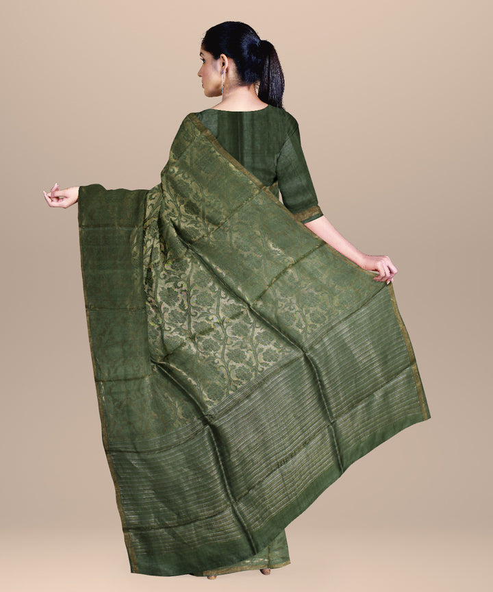 Olive green all over chhattisgarh handloom tussar silk saree