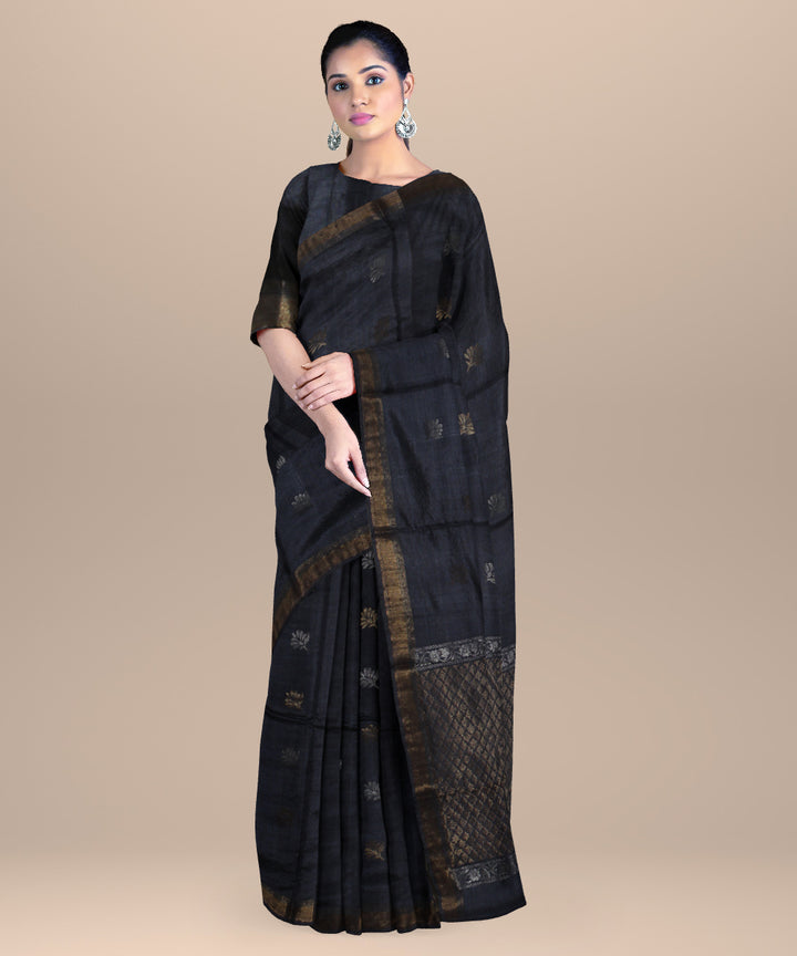 Dark grey golden handloom tussar silk chhattisgarh saree