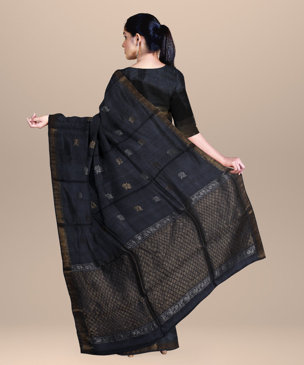 Dark grey golden handloom tussar silk chhattisgarh saree