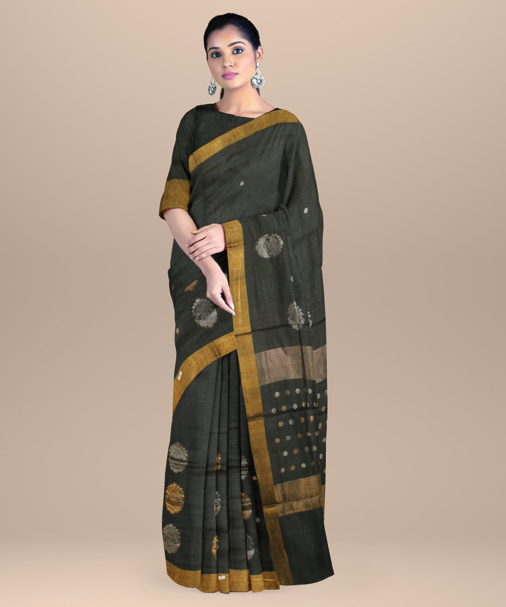 Dark jungle green chhattisgarh tussar silk handloom saree