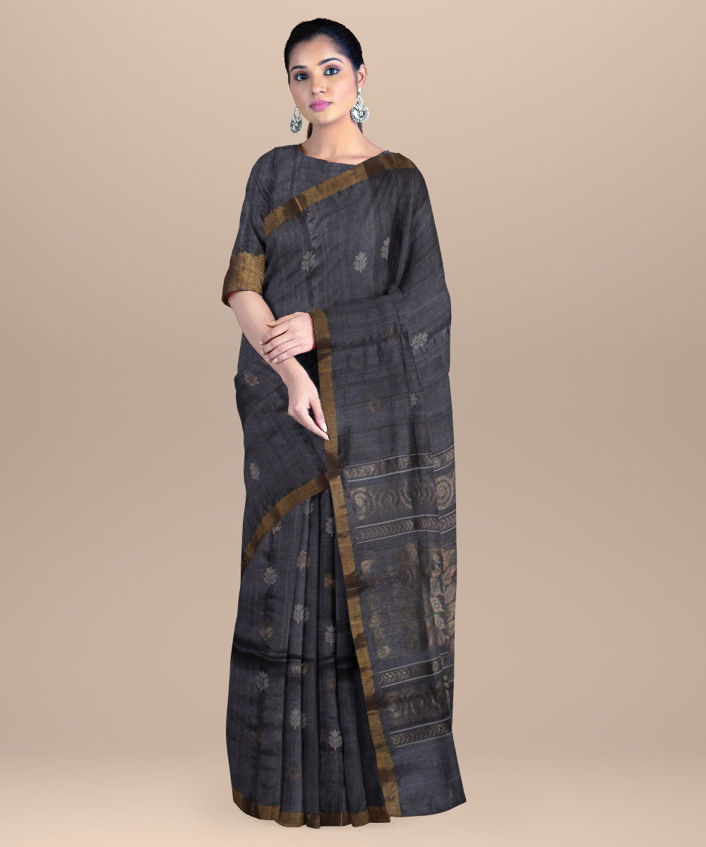 Grey golden zari chhattisgarh handloom tussar silk saree