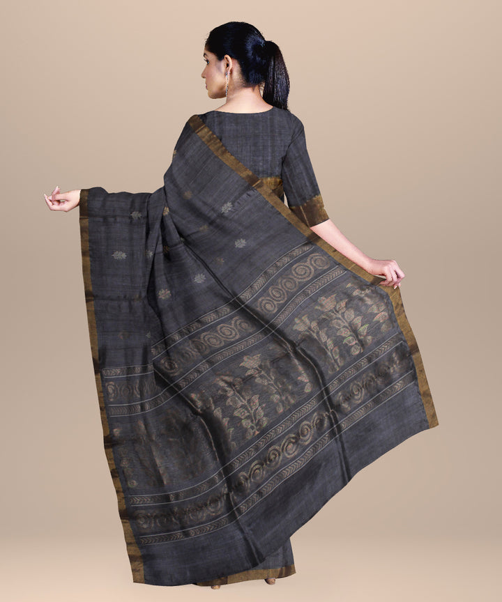 Grey golden zari chhattisgarh handloom tussar silk saree