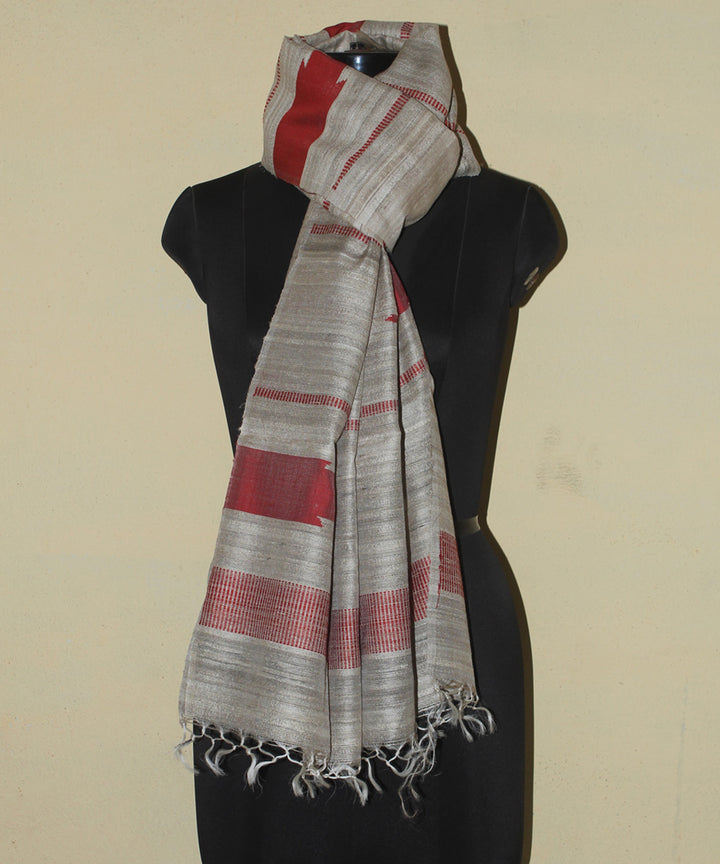 Beige red handwoven tussar silk chhattisgarh stole