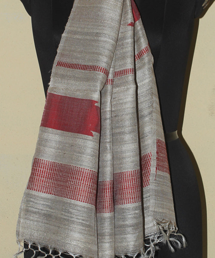 Beige red handwoven tussar silk chhattisgarh stole