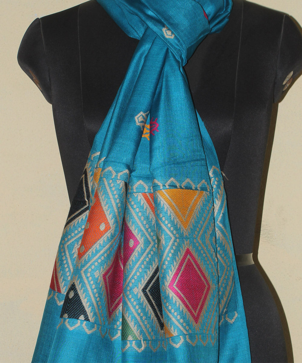 Cyan blue  handwoven tussar silk chhattisgarh stole