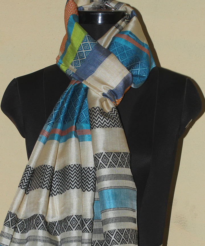 White multicolour tussar silk chhattisgarh handwoven stole