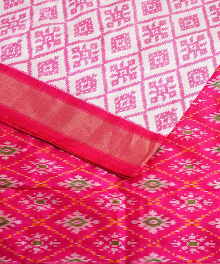 White pink silk handwoven ikat pochampally saree