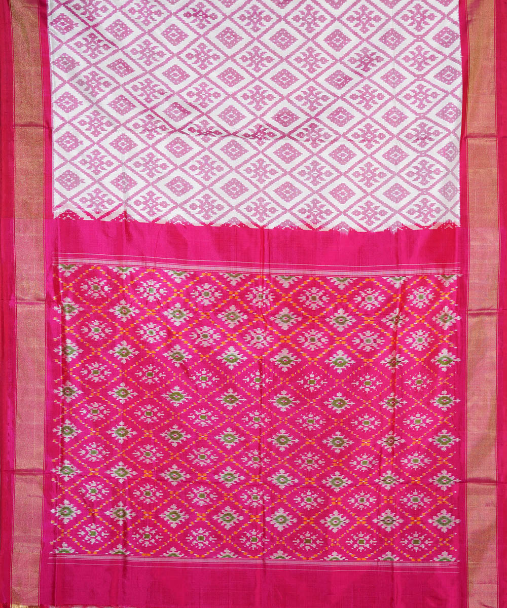 White pink silk handwoven ikat pochampally saree