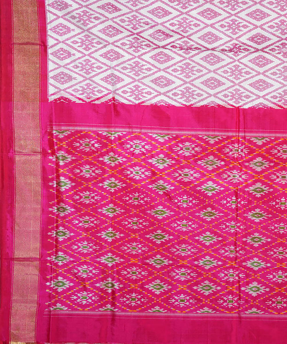 White pink silk handwoven ikat pochampally saree