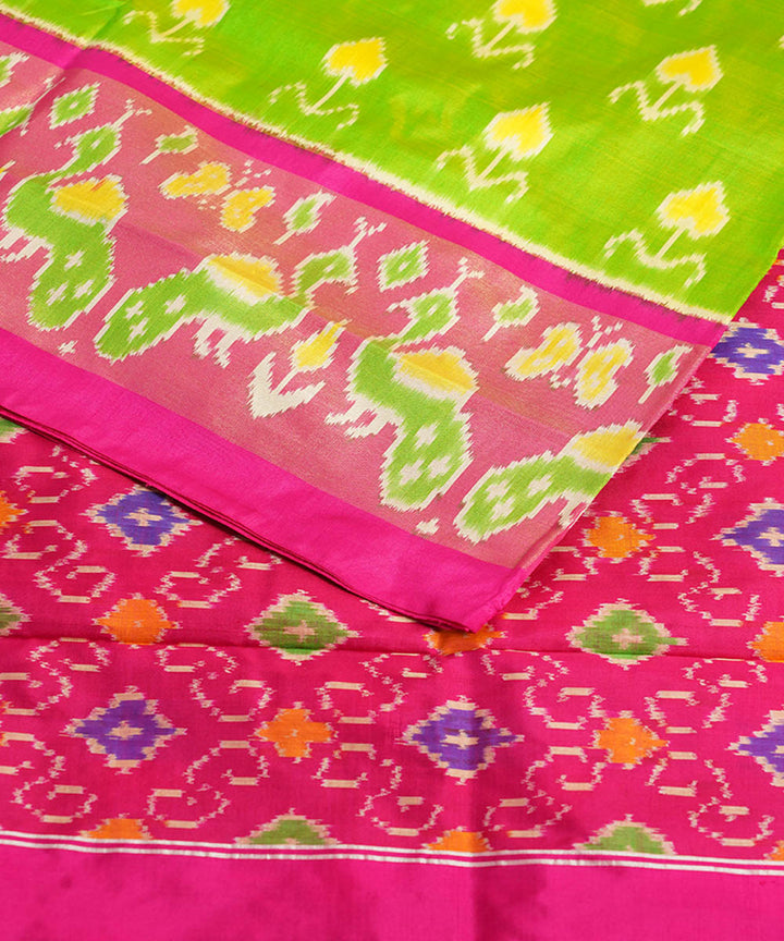 Lime green pink silk handwoven ikat pochampally saree