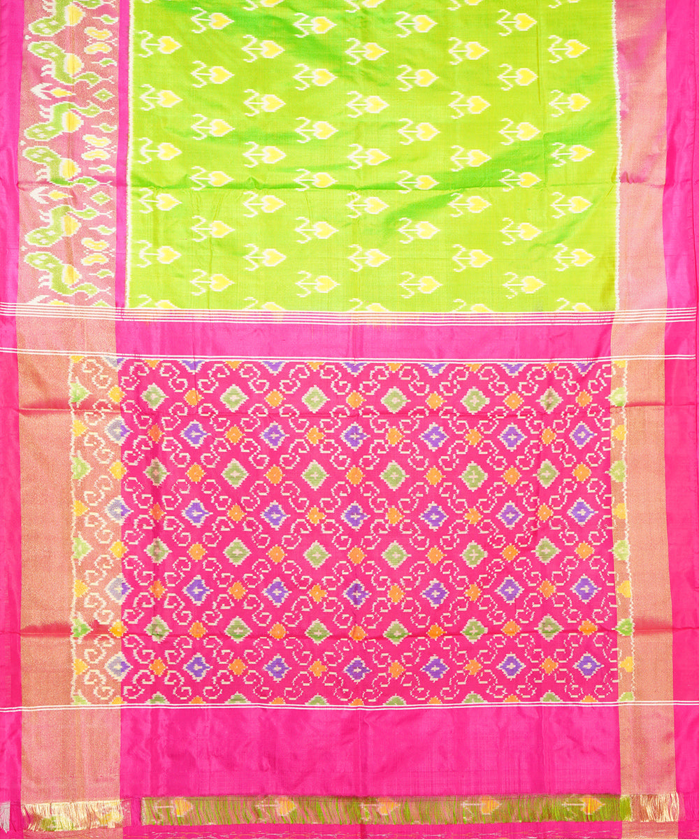 Lime green pink silk handwoven ikat pochampally saree