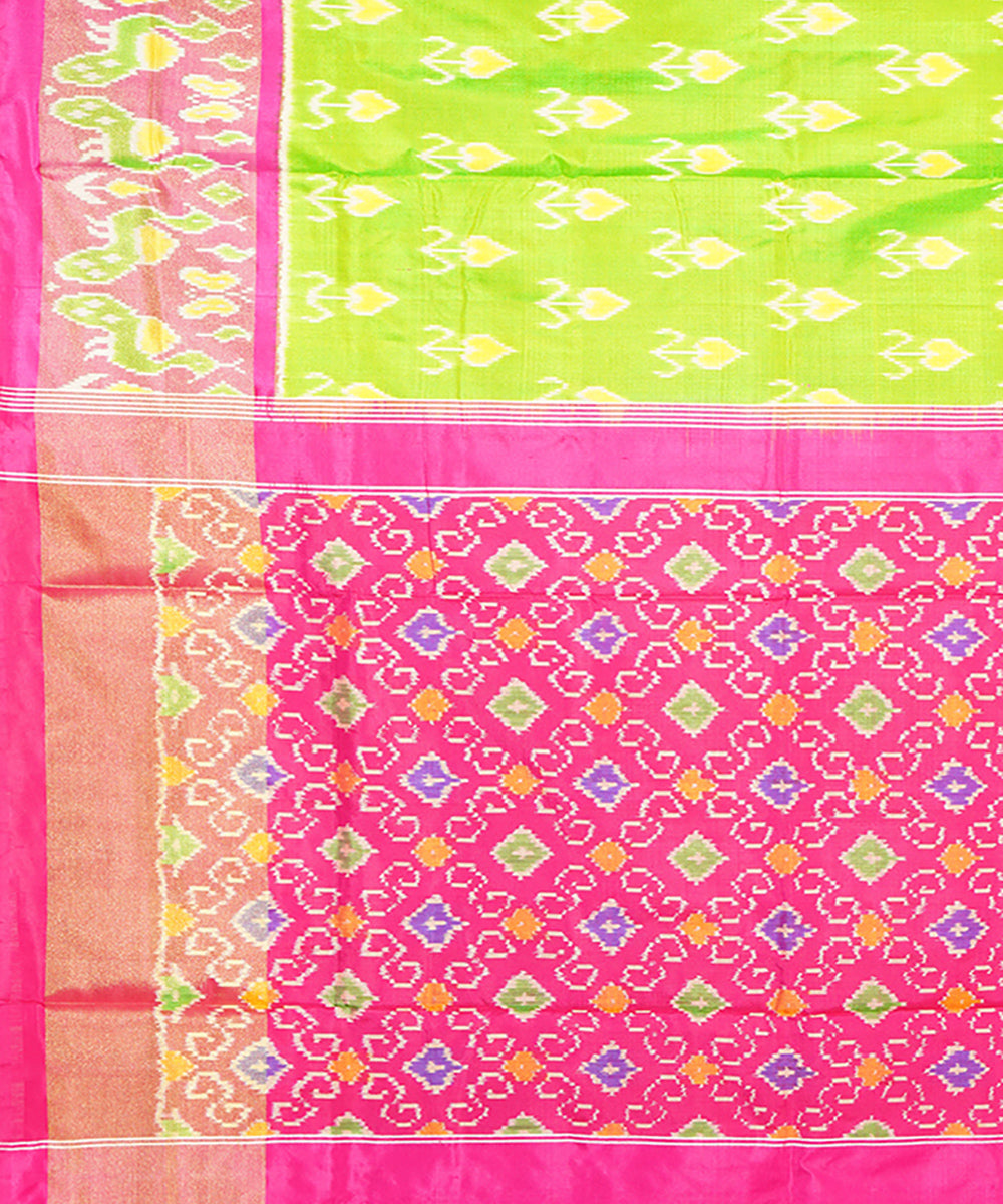 Lime green pink silk handwoven ikat pochampally saree