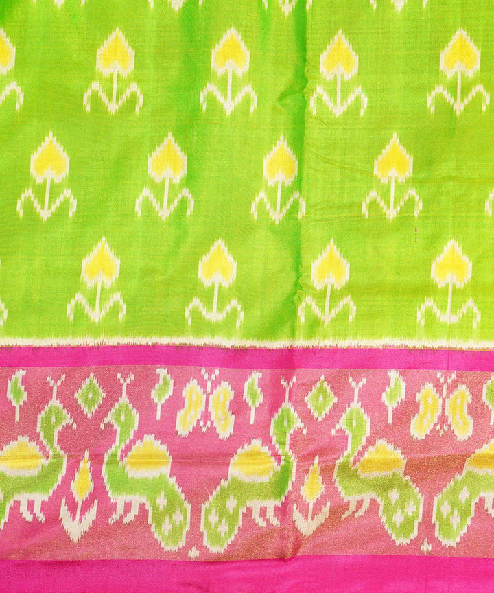 Lime green pink silk handwoven ikat pochampally saree