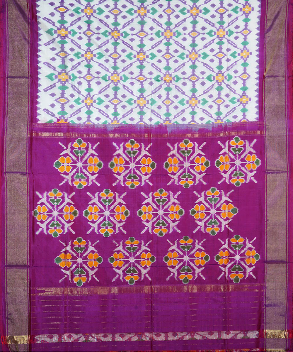 White purple silk handwoven ikat pochampally saree