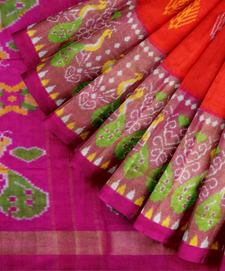 Orange pink silk handwoven ikat pochampally saree