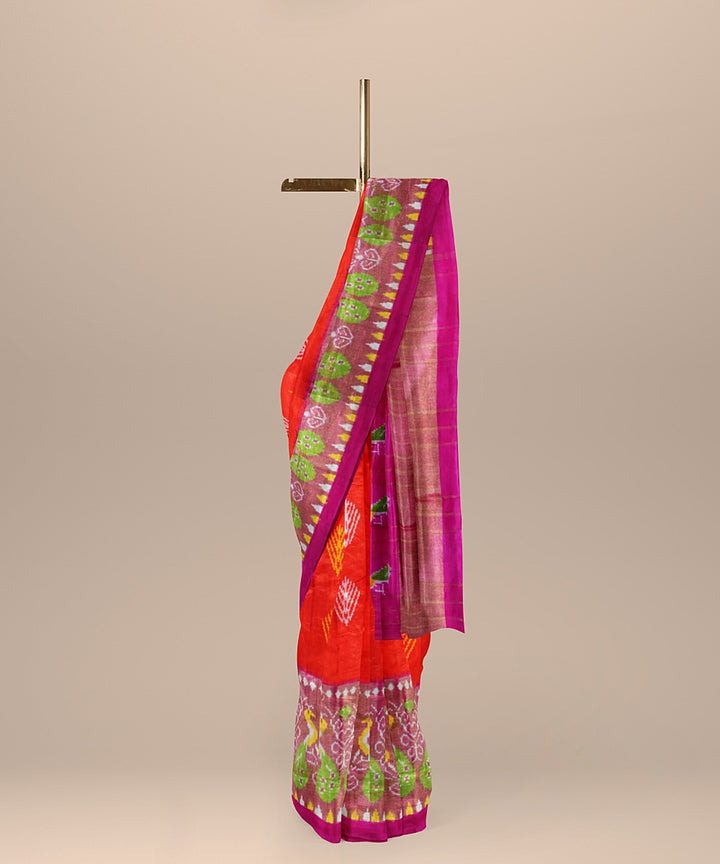 Orange pink silk handwoven ikat pochampally saree