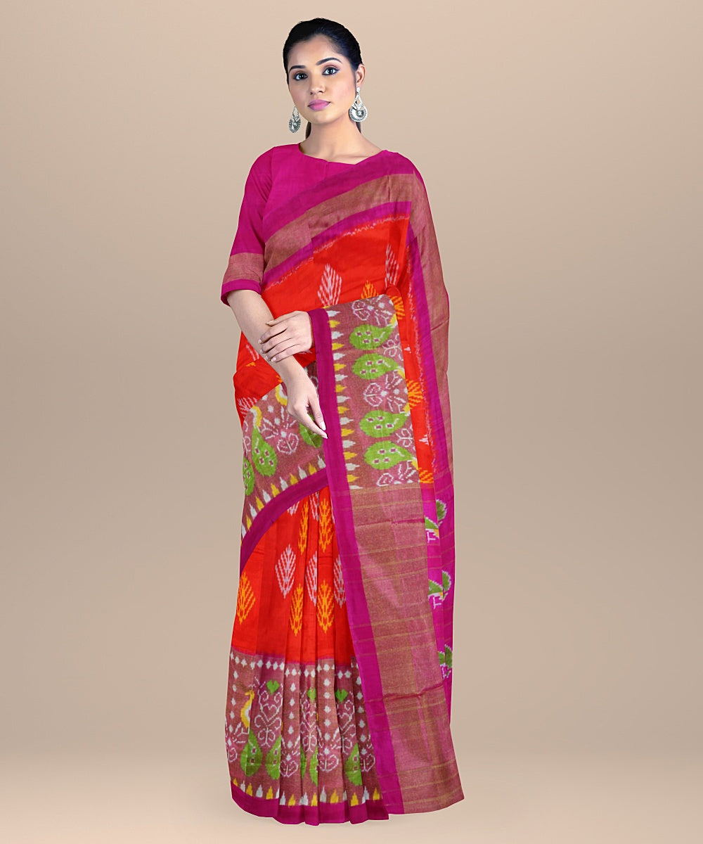 Orange pink silk handwoven ikat pochampally saree