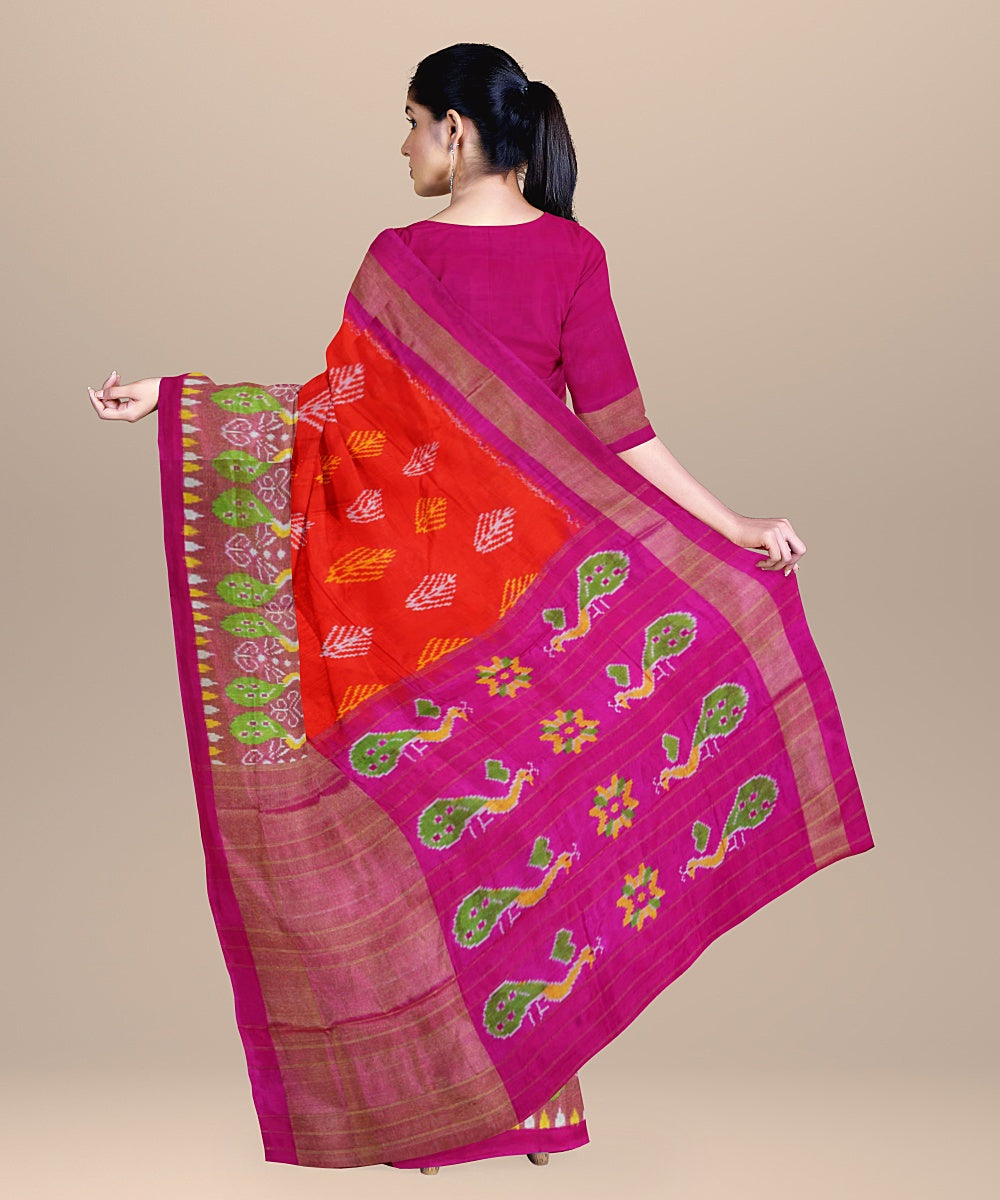 Orange pink silk handwoven ikat pochampally saree