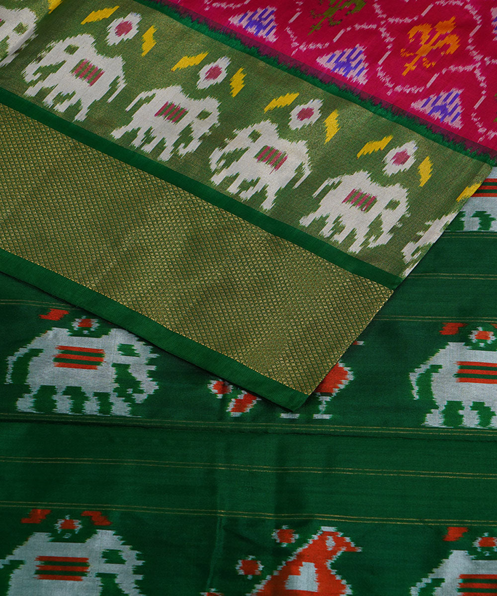 Pink green silk handwoven ikat pochampally saree