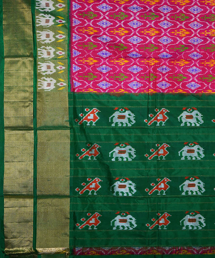 Pink green silk handwoven ikat pochampally saree