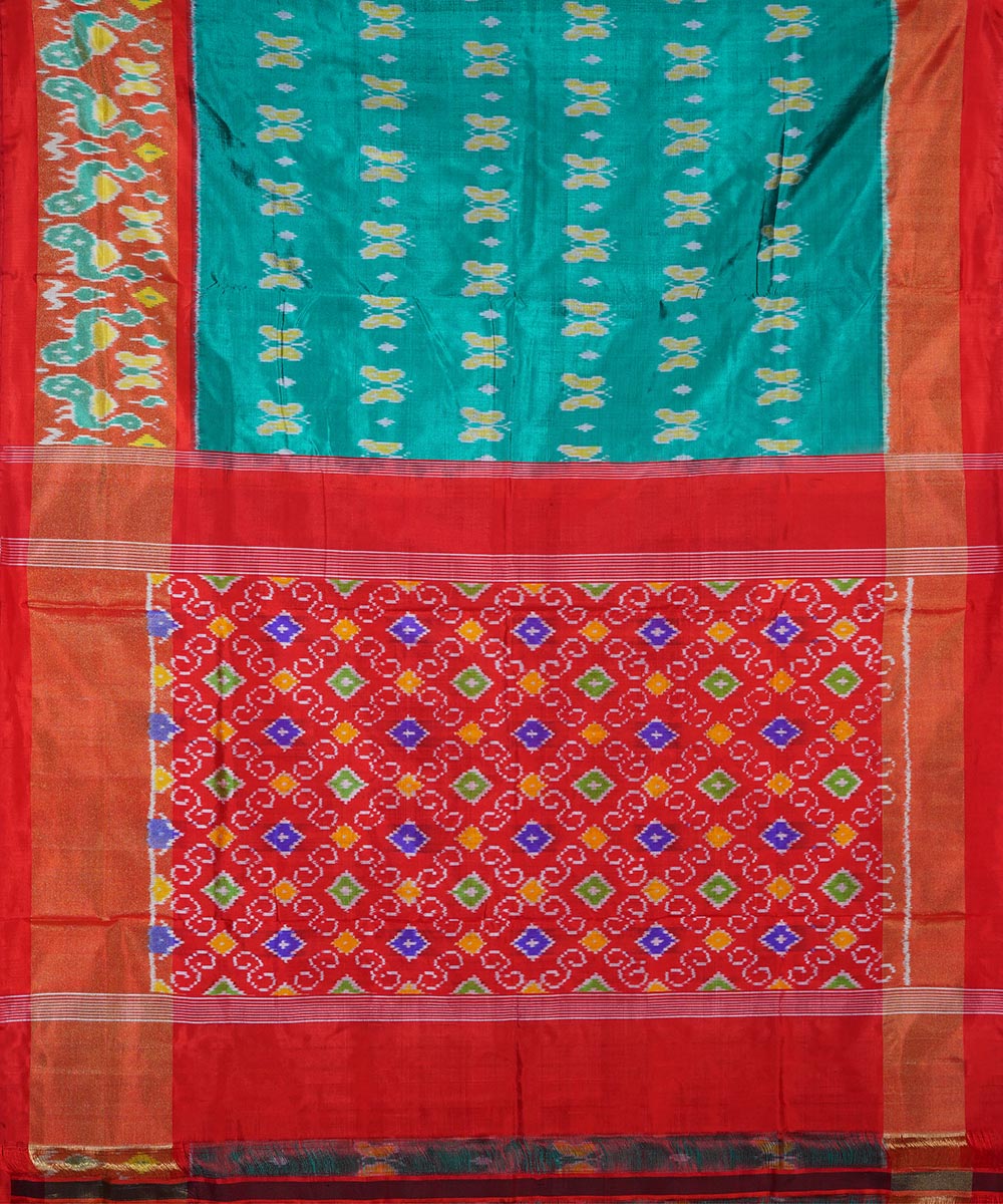 Cyan blue red silk handwoven ikat pochampally saree