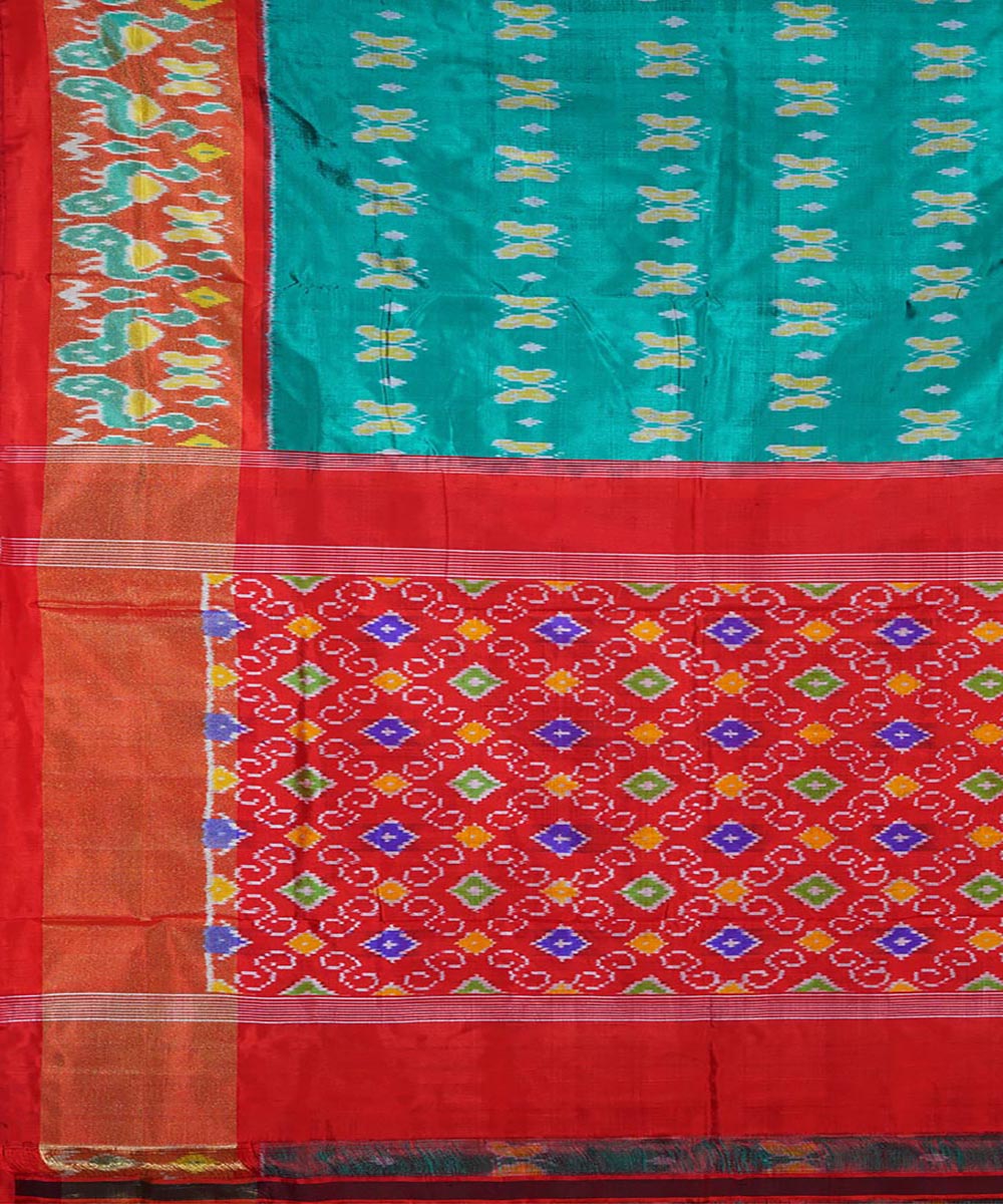 Cyan blue red silk handwoven ikat pochampally saree