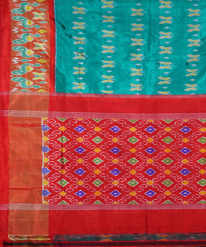 Cyan blue red silk handwoven ikat pochampally saree