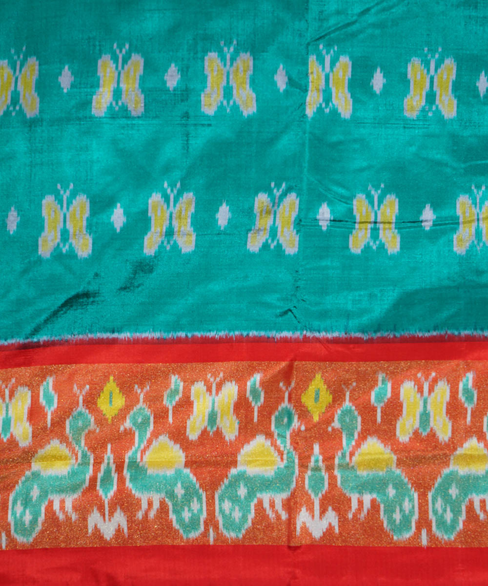 Cyan blue red silk handwoven ikat pochampally saree