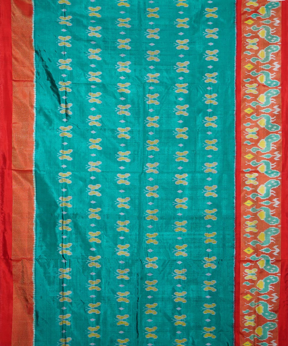 Cyan blue red silk handwoven ikat pochampally saree