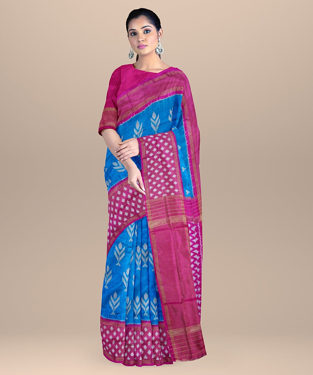 Sky blue pink silk handloom ikat pochampally saree