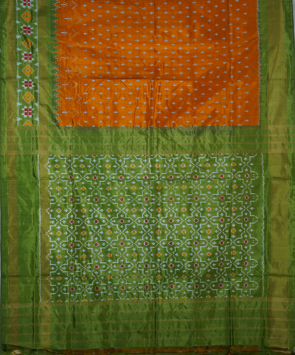 Mustard golden mustard green silk handwoven ikat pochampally saree