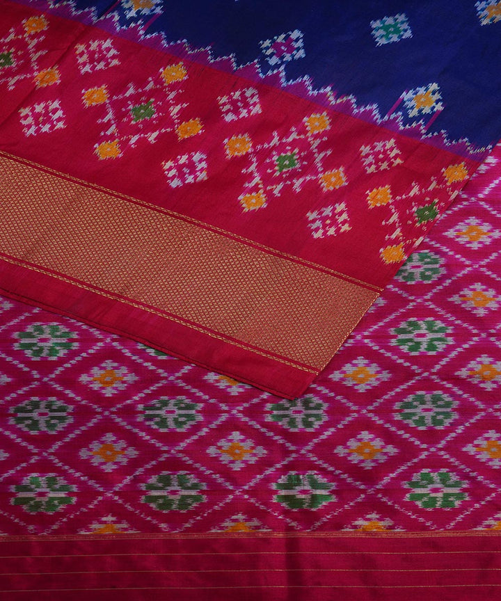 Navy blue pink silk handwoven ikat pochampally saree